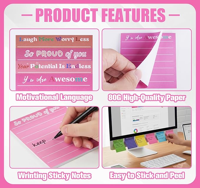 24 Pcs Inspirational Sticky Notes 3x3'' Motivational Sticky Notes Pad with Lines Cute Employee Appreciation Sticky Notes Thank You Gift Bulk for Teacher Coworkers Office Supplies Students (12 Color)