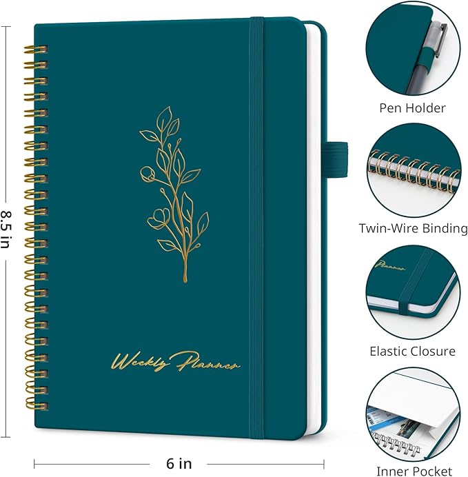 Undated Weekly Planner, Weekly To Do List Notebook with Goal & Habit Tracker Organizer, A5 Weekly Planner Notebook with Spiral Binding, 6.1" x 8.2" - Pine Emerald