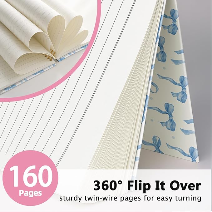 Coquette blue Bow Notebook Journal, Preppy Aesthetic Journal, Preppy Gifts for Women, blue Office Supplies, Hardcover Spiral Notebook 80 Sheets -160 Pages 5.5x8.3 Inch