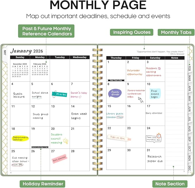 2026 Planner, Weekly and Monthly Calendar Planner, January 2026 - December 2026, Hardcover 2026 Calendar Book with Tabs For Women & Men, Inner Pocket, Spiral Bound, Perfect for Office Home School Supplies - A4 (8.5" x 11"), Green