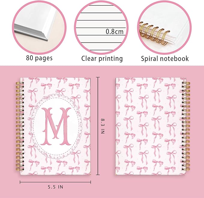LIANGW Pink Bow Journal Notebook for Teen Girls,Initial M Journals Personalized Diary Gifts for Teen Girl Kids, Monogrammed Gifts for Women, Coquette Cute Hardcover Spiral Notebook 5.5 x 8.3