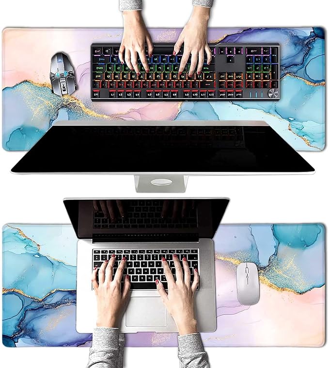 Pink Gold Texture Marble Large Mouse Pad, Desk Mat Computer Keyboard Pad Non-Slip Rubber Base Waterproof with Stitched Edges for Laptop Gaming, Office & Home 31.5 x 11.8 Inch