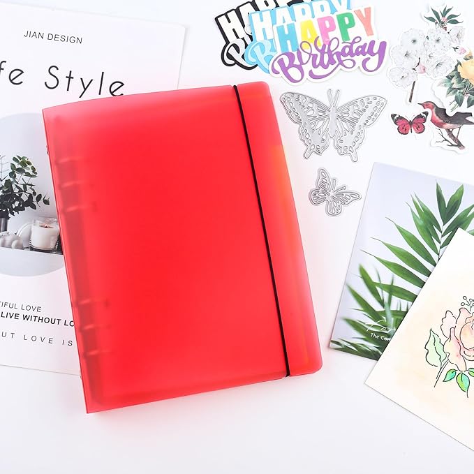 A5 6 Ring Binder Cover with Snap Button Closure Loose Leaf Folders Journal Notebook File Shell Protector for 6 Hole Planner Pages Refill Insert DIY Scrapbooking Stamp & Die Storage (Red)