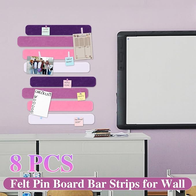 8 Pcs Felt Pin Board Bar Strips Bulletin Board 50 Pushpins and 10 Wooden Clip Pins Self Adhesive Cork Boards for Offices Home Wall Display Photos, Paste Notes, Schedules(Pink)