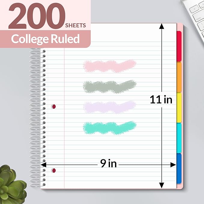 SUNEE 5 Subject Notebook College Ruled - 400 Pages, 9"x11", 5 Pocket Colored Dividers, 3-Hole Punched Paper, Pink