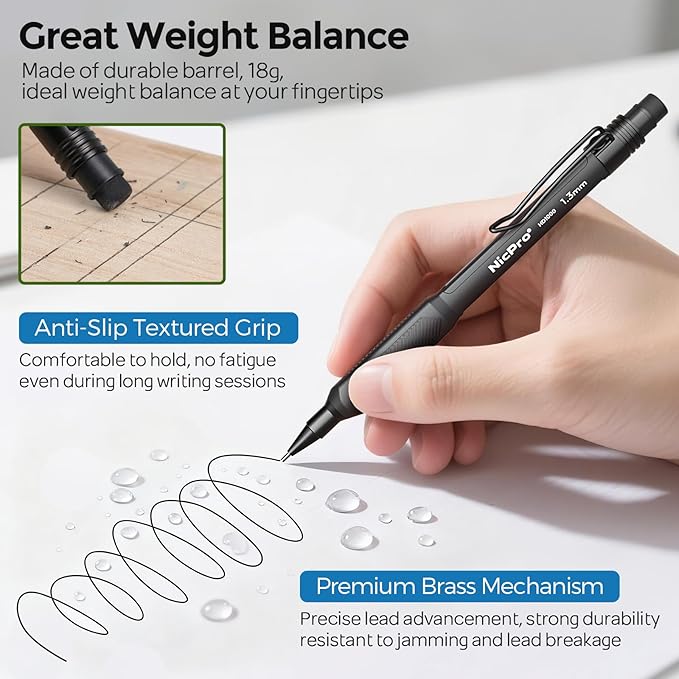 Nicpro 3 Pack Weatherproof Mechanical Pencil Set, 1.3mm Mechanical Pencils, Heavy Duty Lead Pencil for Outdoor All Weather Marking Drafting Drawing with 48 Lead Refills, Erasers, Case (Black, HD1000)
