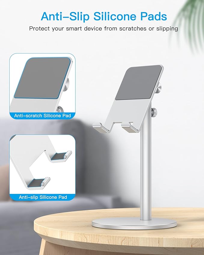 Cell Phone Stand, OMOTON Angle Height Adjustable Phone Stand, Aluminum Desktop Phone Holder Dock Stand for Desk, Compatible with iPhone 17 Pro Max, All Smartphones and Tablets(4-11''), Sliver