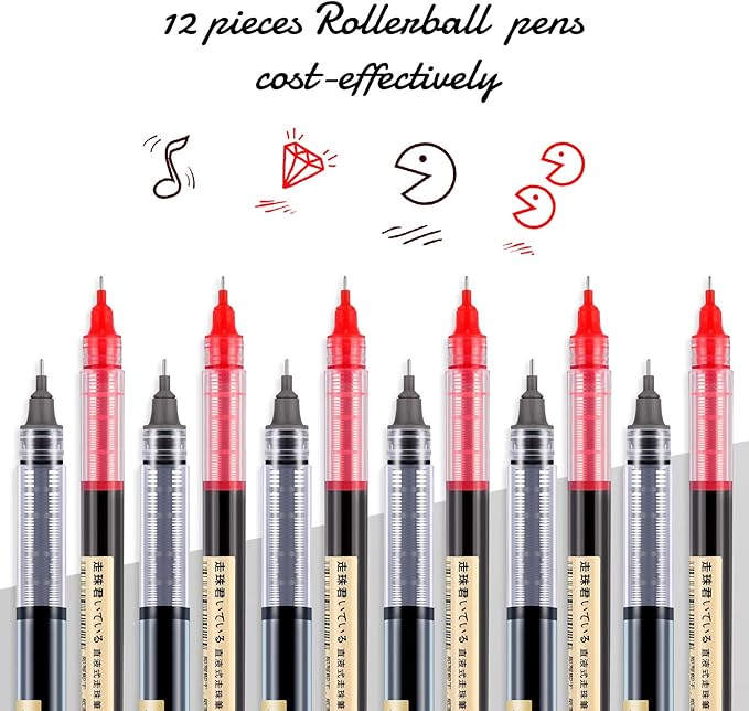 Frienda 12 Pieces Rolling Ball Pens 0.5 mm Japanese Quick Drying Fine Point Pens Liquid Ink Smooth Writing for Office Student Back to School Supplies(Black and Red)