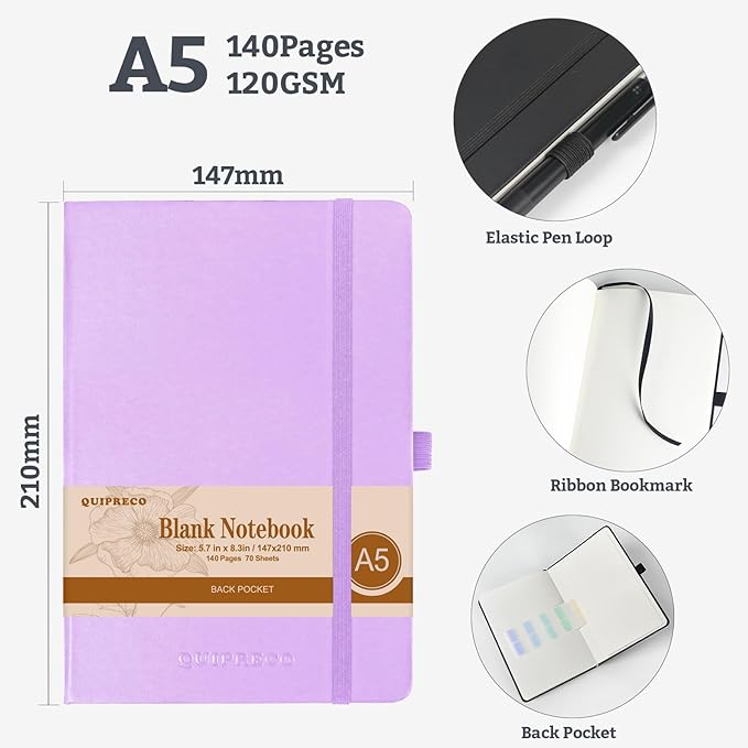 2Pack Blank Hardcover Sketch Book Notebook, A5 140 Pages 120Gsm Thick Journal for Drawing,School,Work,Diary，5.7''*8.3'',Lavender