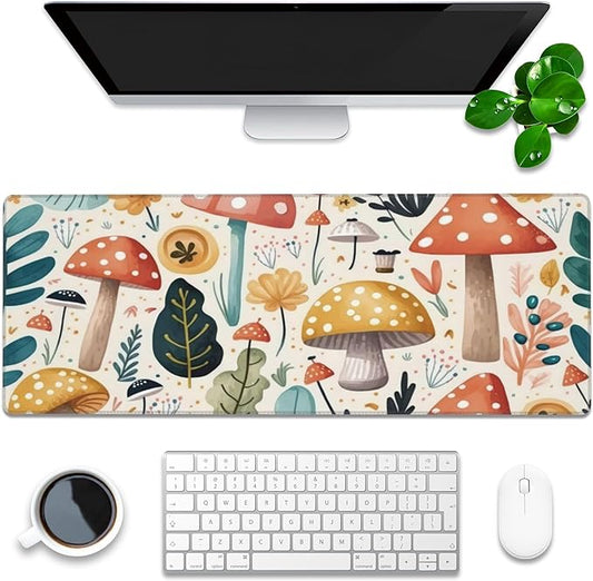 Desk Pad, Hand Drawn Charming Mushroom and Leaves Extended Gaming Mouse Pad Large, 31.5"x11.8" Big Mouse Pad with Non-Slip Base and Stitched Edge, Long Computer Keyboard Mouse Mat for Home Office Work