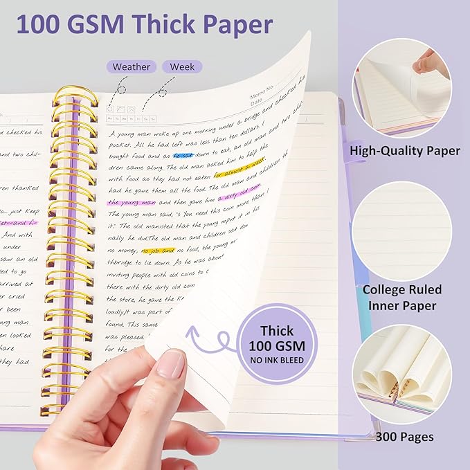 Hardcover Spiral Notebook Journal with Removable PVC Dividers - 8'' x 10'' Large 300 Pages B5 Hardcover Leather Lined Journal Notebook with Tab for Work Note Taking Office Home School Supplies, Purple