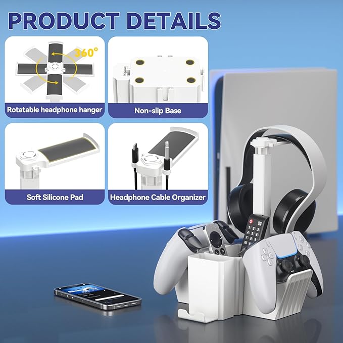 KDD Dual Controller Holder with Headphone Stand - Multi-Functional Desk Storage Box with Phone Holder - Universal Controller Stand with Desktop Organizer for Remote Control Pen Accessories(White)