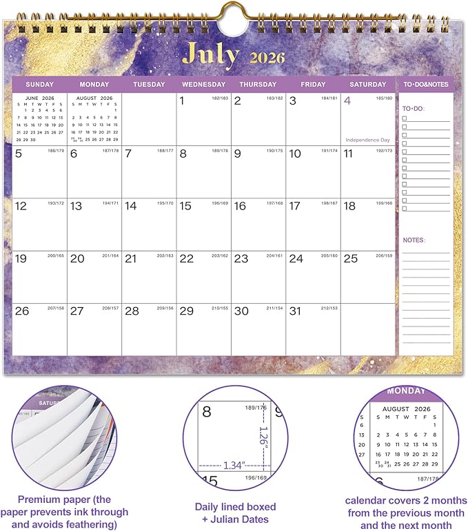 2026 Calendar - 18 Monthly Wall Calendar, July 2025 - December 2026, 8.5" x 11", Calendar 2026 with Twin-Wire Binding, Hanging Hook, Blocks and Julian Dates (2025-2026 Wall Calendar Purple)