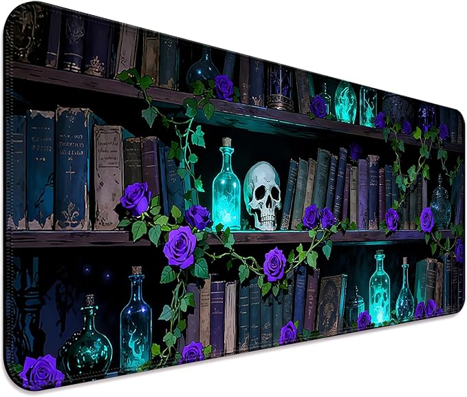 Dreamy Blue Rose and Magic Book XL Large Desk Mat, Extended Long Desk Pad for Gaming and Office, Non-Slip Rubber Base, Comfortable Surface Mouse Pad, 31.5x11.8 in (H18)
