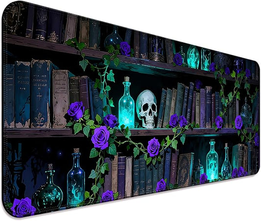 Dreamy Blue Rose and Magic Book XL Large Desk Mat, Extended Long Desk Pad for Gaming and Office, Non-Slip Rubber Base, Comfortable Surface Mouse Pad, 31.5x11.8 in (H18)