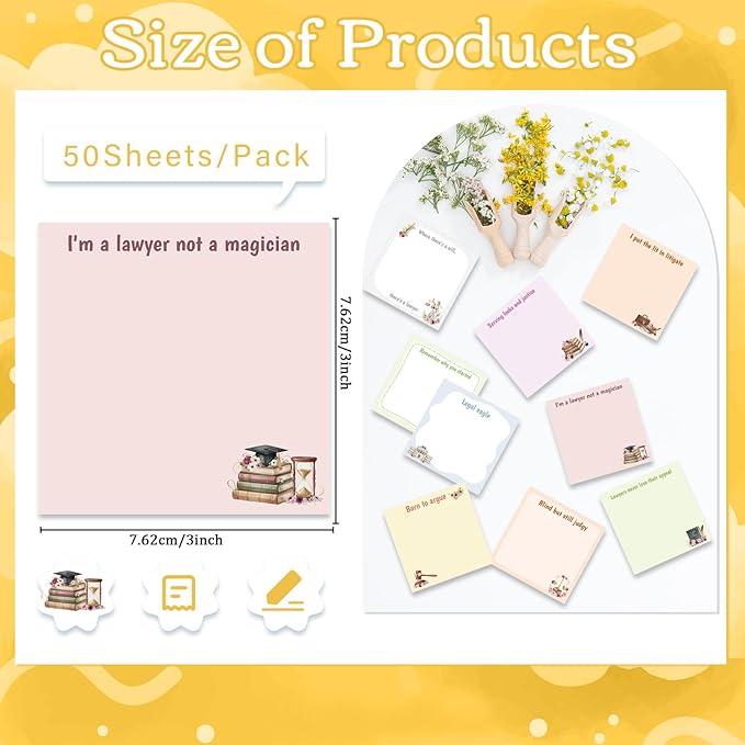 Lawyer Sticky Notes Gifts - 9 Pack Attorney Notepads 3x3 Inches, Funny Lawyer Gifts for Women Men, Law Self-Stick Memo Pads, Legal School Office Supplies (450 Sheets)
