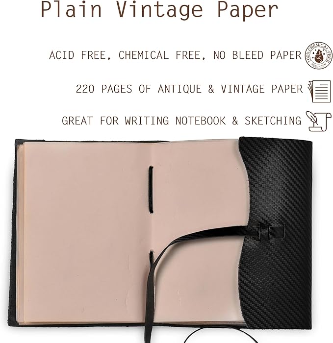 LEATHER VILLAGE Carbon Fiber Genuine Leather Bound Journal - 7'' x 5'', 220 Pages - Vintage Blank Paper Diary for Writing, Drawing, Sketchbook, and Travel Notebook - Ideal for Women and Men- Black