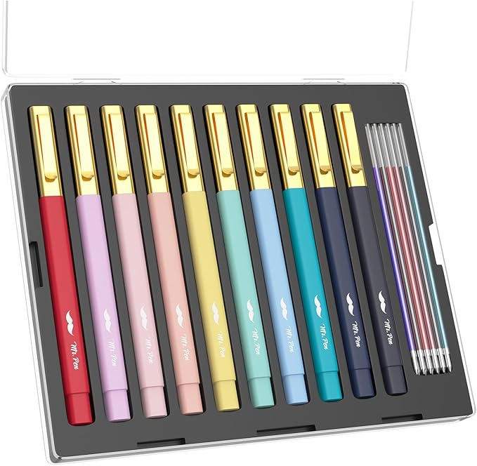 Mr. Pen- Aesthetic Pens, 10 Pack, Colorful Ink with Case and 12 Refills, Fast Dry, No Smear Bible Pens No Bleed Through, 0.7mm Fine Point Pen, Ballpoint Pens Ballpoint