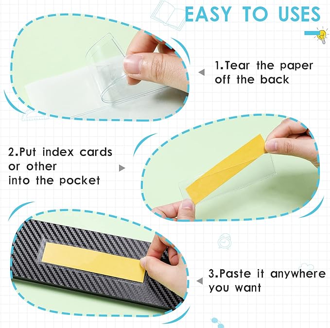 30 Pack Self-Adhesive Index Card Pockets with Top Open for Loading - Ideal Index Card Holder for Organizing and Protecting - Crystal Clear Plastic(1.2 x 4.4 Inches)