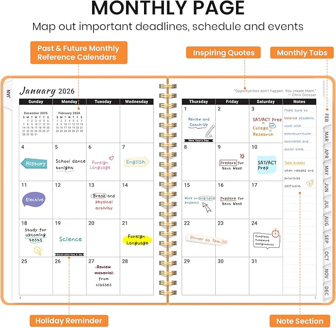 2026 Planner, Weekly and Monthly Calendar Planner, January 2026 - December 2026, Hardcover 2026 Calendar Book with Tabs For Women & Men, Inner Pocket, Spiral Bound, Perfect for Office Home School Supplies - A5 (6.3" x 8.5"), Bright Orange