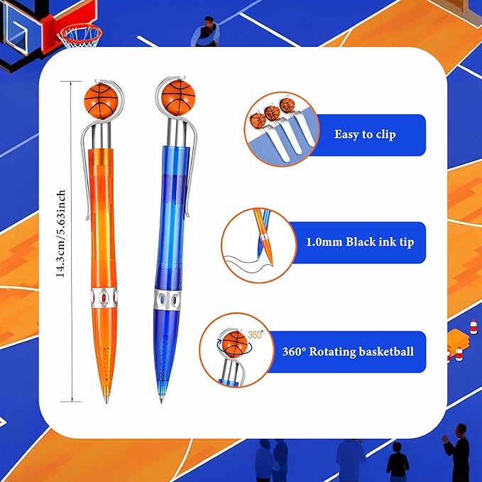 12 Pcs Basketball Pen Sports Ballpoint Pens Basketball Party Favors Sports Souvenirs Black Ink Writing Pen for Office Desk Fun Stationery Supplies. (orange/blue-12)