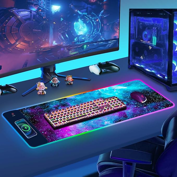 ToLuLu Wireless Charging RGB Gaming Mouse Pad, 15W LED Mouse Mat with 30W Charger, 14 Light Modes Large Mousepad with Wrist Support, Non-Slip Rubber Base Desk Mat Computer Keyboard Pad, Galaxy Nebula