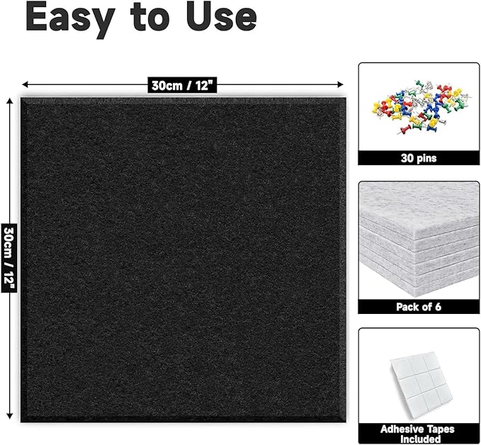 Cork Board for Walls 36" x 24", 6 Pack Felt Bulletin Board Wall Tiles with 30 Push Pins for Home Kitchen School Office Wall DIY Decorative