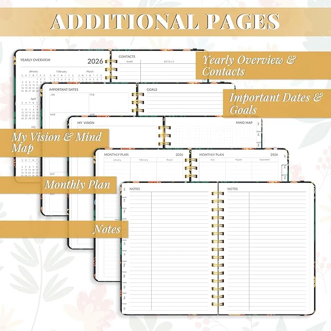 2026 Planner, A5 Weekly and Monthly Planners with Tabs, Spiral Bound Daily Calendar 2026 Planner, Agenda Organizers from Jan. to Dec., Hardcover Habit Tracker Journal 6.18" x 8.5"(Orange Flower)