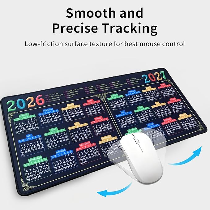 Mouse Pad with Stitched Edge, Black Mousepad, 2026 Calendar Pad, Computer Mouse Mat with Non-Slip Rubber Base, 2027 Calendar Mouse Pad (Black, 23.6 * 11.8 inches)