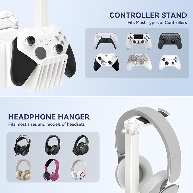 KDD Dual Controller Holder with Headphone Stand - Multi-Functional Desk Storage Box with Phone Holder - Universal Controller Stand with Desktop Organizer for Remote Control Pen Accessories(White)