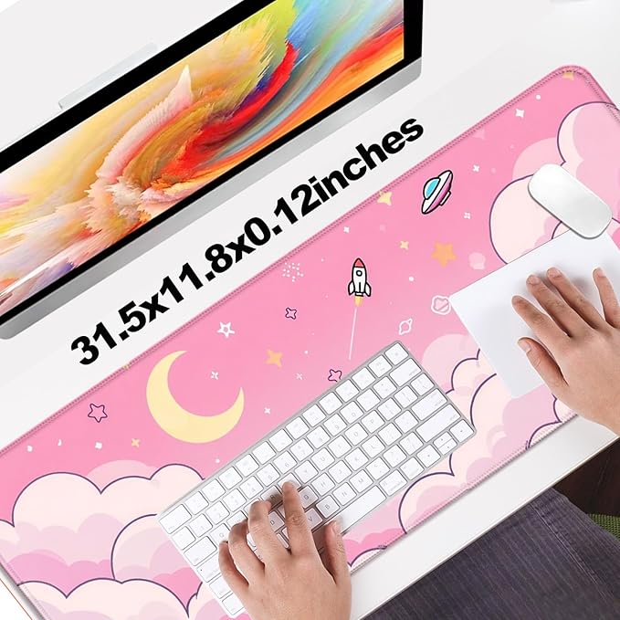 Minimalist Pink Gradient Clouds XL Large Desk Mat, Extended Long Star and Moon Desk Pad for Gaming and Office, Non-Slip Rubber Base, Comfortable Surface Sky Mouse Pad, 31.5x11.8 in