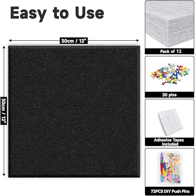 Large Cork Board for Walls, Yunihome 12 Pack 36" x 48" Felt Bulletin Board Wall Tiles for Home Kitchen School Office Wall Decor with Assorted Colors DIY Decorative Push Pins Sets