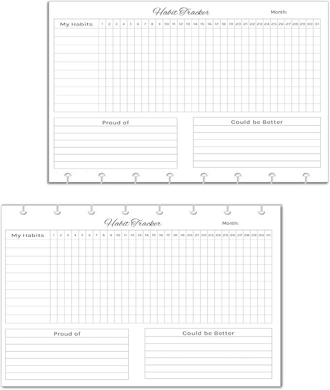Horizontal Habit Tracker Inserts for 7, 9, 11 Disc | Mini, Classic, Skinny, Big, Letter, Junior Size Planners | Color or Black & White | Monthly Habit Log (Black & White, 8-Disc Junior)