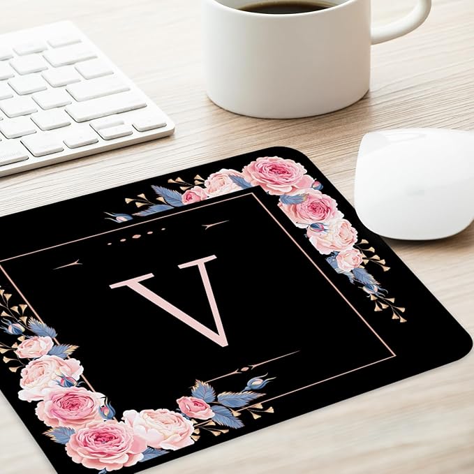 Letter V Black and Pink Flowers Square Mouse Pad, Mouse Pad with Stitched Edge and Non-Slip Rubber Base,Mouse Mat,Home Office Decor Desk Accessories,9.4x7.8x0.12 inch Square Mouse Pad