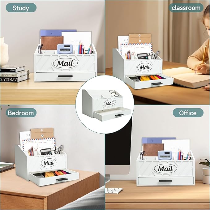 Wood Desktop Mail Organizer, Mail Organizer Countertop with 6 Compartments and Drawer, Wood Mail Holder Office Accessories for File Letter Paper Folder, White