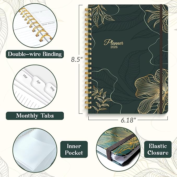 2026 Planner, A5 Weekly and Monthly Planners with Tabs, Spiral Bound Daily Calendar 2026 Planner, Agenda Organizers from Jan. to Dec., Hardcover Habit Tracker Journal 6.18" x 8.5" (Black Gold)