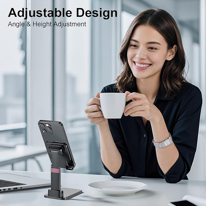 Phone Holder for Desk Cell Phone Holder Height Angle Adjustable Stands, Anti-Slip Base, Compact Design for iPhone Android Devices,Black,2Pack