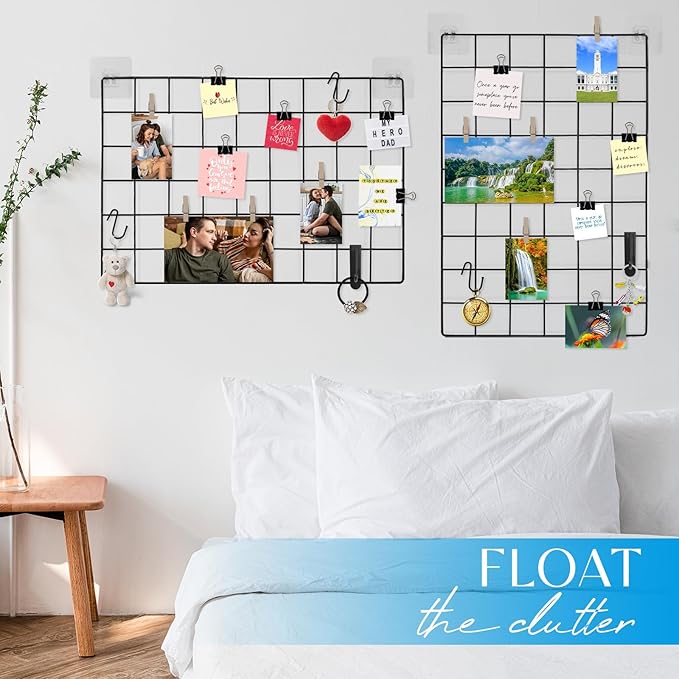 Metal Grid Wall Panel Black, Wire Photo Display Organizer, 17.3"×11.8" Board, Picture Frame, 2-Pack Mesh Memo Board with Clips and Hooks