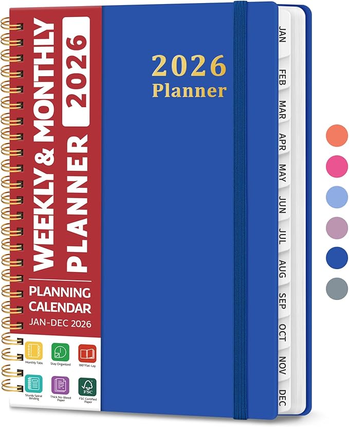 2026 Planner, Weekly and Monthly Calendar Planner, January 2026 - December 2026, Hardcover 2026 Calendar Book with Tabs For Women & Men, Inner Pocket, Spiral Bound, Perfect for Office Home School Supplies - A5 (6.3" x 8.5"), Royal Blue