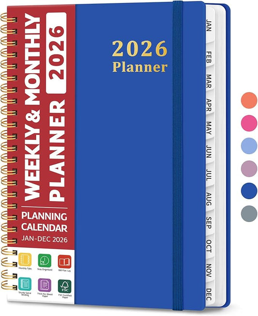 2026 Planner, Weekly and Monthly Calendar Planner, January 2026 - December 2026, Hardcover 2026 Calendar Book with Tabs For Women & Men, Inner Pocket, Spiral Bound, Perfect for Office Home School Supplies - A5 (6.3" x 8.5"), Royal Blue