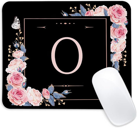 Letter O Black and Pink Flowers Square Mouse Pad, Mouse Pad with Stitched Edge and Non-Slip Rubber Base,Mouse Mat,Home Office Decor Desk Accessories,9.4x7.8x0.12 inch Square Mouse Pad