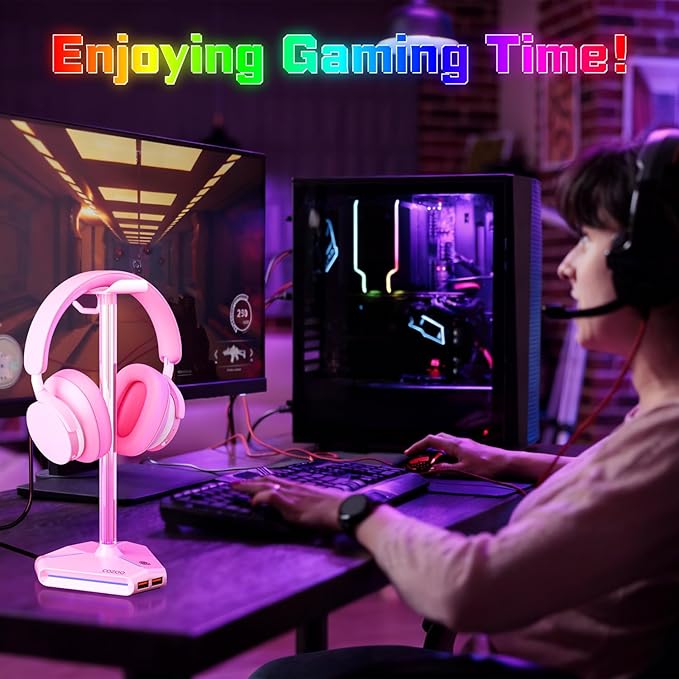 Pink RGB Headphone Stand with 2 USB Ports & Extension Cord, Gaming Headset Stand for Desktop Table, PC Gaming Accessories, Gifts for Girlfriend,Teen Boys Girls, Gaming Setup Organizer