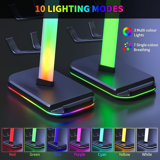 Controller Holder 5 Tier Headphone Stand Gaming Headset Holder RGB PC Gaming Accessories for Desk, Cool LED Headset Stand with 2 Type-C Outport, 1 USB Charger for Gamer, Black