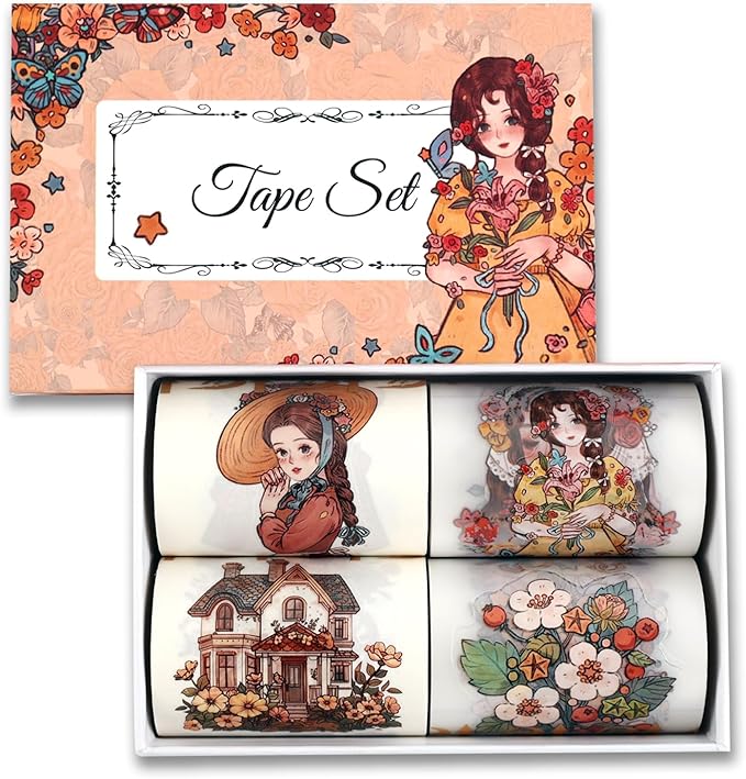 Dizdkizd Cute Flower Girl PET Tapes & Washi Tapes Stickers for Journaling, Pre-Cut Scrapbook Tapes for Crafts, Planners, Collage, 4 Rolls