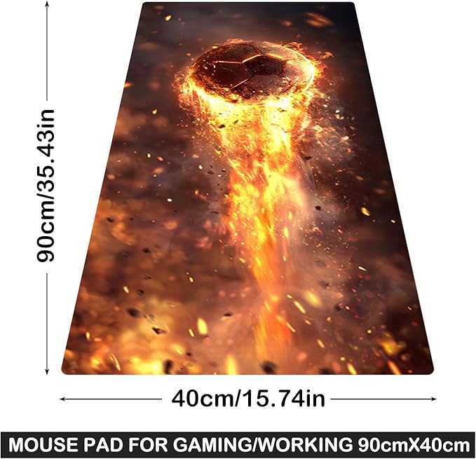 Nuxovilar Professional Large Mouse Pad & Computer Game Mouse Mat (35.4x15.7IN, Fiery Orb Art, Football, Soccer) (90 * 40cm Fiery Orb)
