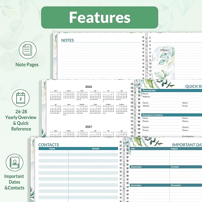 SUNEE 2026 Weekly and Monthly Planner - from January 2026 - December 2026, Daily Agenda Planner with Monthly Tab, Flexible Cover, Note Pages, Pockets, Bookmark, Spiral Binding, Greenery, 6.4" x 8.3"