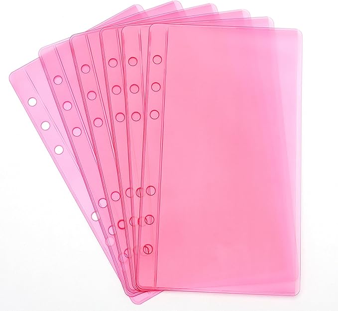 12pcs Pink A6 Binder Pockets Zipless Cash Envelopes Budget Binder Inserts PVC Sheet Protector for 6 Ring A6 Binders Organizer Accessories (Pink)
