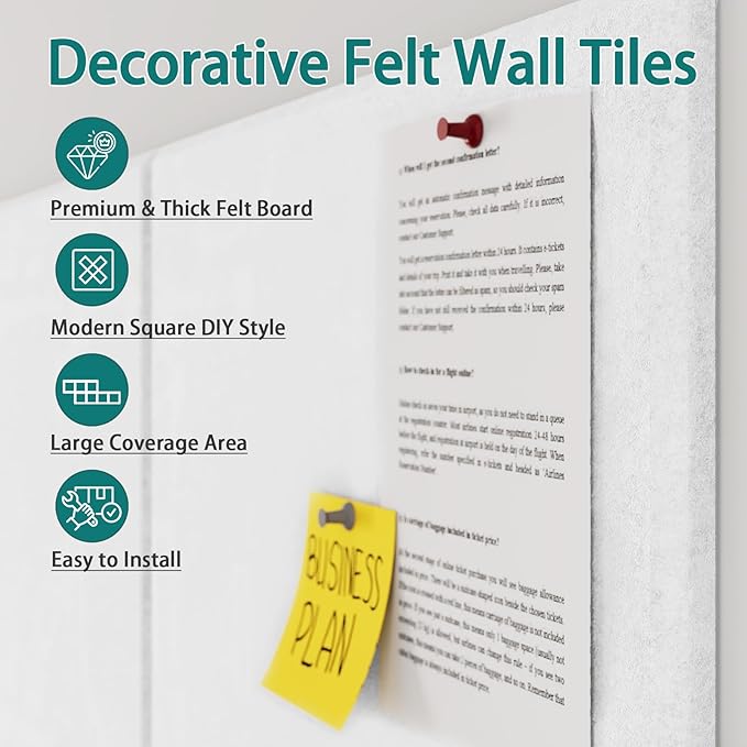 Felt Cork Board for Wall: Extra Large Bulletin Board for Office - 0.5 Inch Thick Corkboard Tiles 6 PCS White Pin Board Squares Adhesive