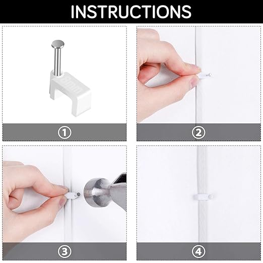 Cable Clips - CableGeeker 100 Pieces Ethernet Cable Clips with Nails 8mm Cord Holder for Cat6 Cat7 Flat Ethernet Cable (White)
