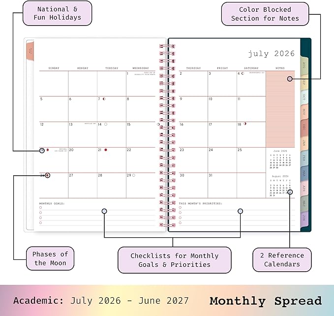 Blue Sky WAAV 2026-2027 Weekly and Monthly Academic Year Planner Calendar, July 2026 - June 2027, 7" x 9", Flexible Cover, Wirebound, Laminated Tabs, Storage Pocket, Includes 20 Extra Notes Pages, Callisto